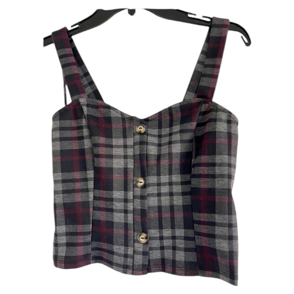 MUST HAVE by‎ HOLLISTER Women’s Black/Pink Plaid w/Buttons Crop Top-Size M